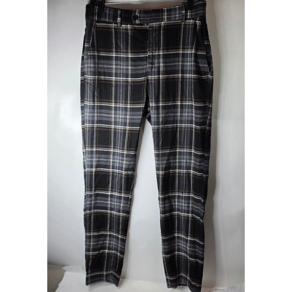 boohooMAN Plaid Check Smart Trousers Mens 30R 30x32 Brown Gray Slim Fit Pants